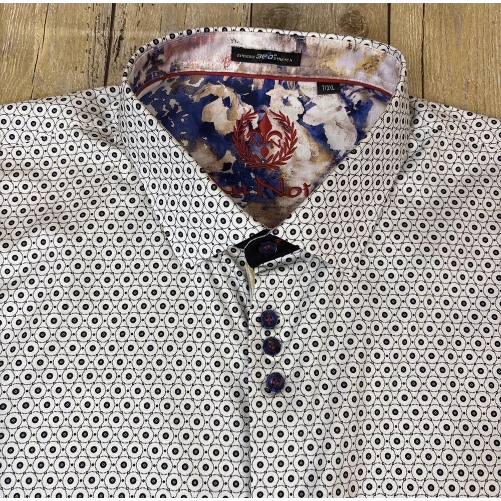 Au Noir Geometric Shirt Mens XL White Cotton Short Sleeve Button-Up Stretch